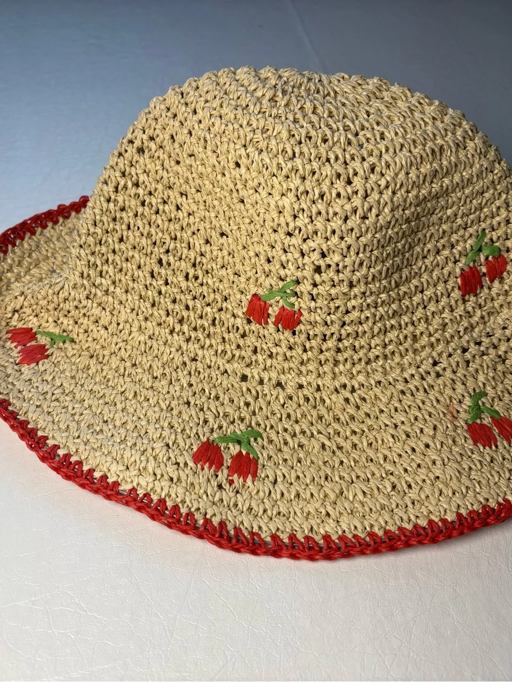 Cherry and red straw bucket hat NWOT